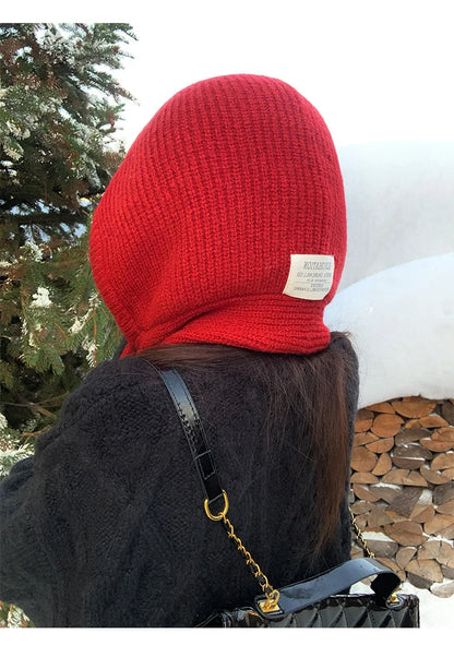 Korean Balaclava Bonnet Women Skullies Beanies Hat Scarf One-piece Thickened Warm Neck Protection Winter Accessories Knitted Law