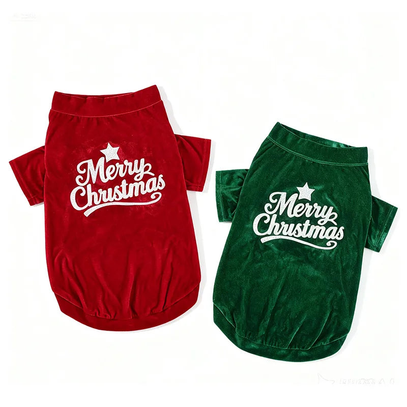 Christmas Velvet Dog Sweatshirt, “Merry Christmas” Print, Warm Soft Pullover, Red/Green, Sizes S–6XL for Small to Large Dogs