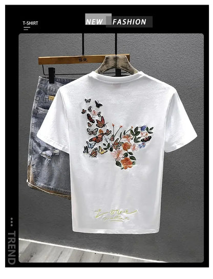 2025 Summer New Chinese Style Butterfly Embroidered Short-sleeved T-shirt Men Loose Casual Top