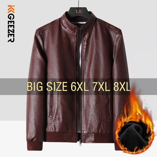 Leather Jacket Men Coats Motorcycle Autumn Travel Fleece Black Zipper Plus Size 6XL 7XL 8XL Oversized Winter Slanted Overcoat