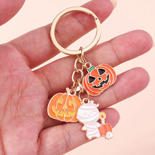 Aihua Gold Color Fashion Halloween Keychain Enamel Creepy Ghost Spider Mummy Pumpkin Keychains Keyring for Women Halloween Night