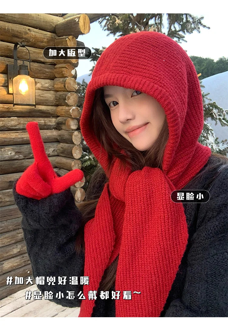 Korean Balaclava Bonnet Women Skullies Beanies Hat Scarf One-piece Thickened Warm Neck Protection Winter Accessories Knitted Law