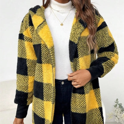 Women Autumn Winter Double Fleece Plaid Cardigan Soft Loose Long Sleeve Plush Warm Hooded Jacket Female Patchwork Outerwear Coat