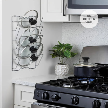 Wall-Mounted Pot Lid Organizer Rack – Multi-Tier Metal Storage for Kitchen