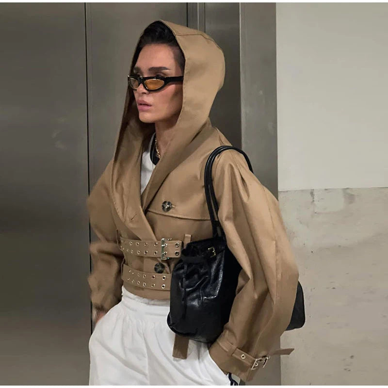 Double-Buckled Belted Hooded Trench Coat Oversized Long Sleeve Maxi 2025 Autumn Edgy Women Outerwear Fashion Trendy Lady Jacket