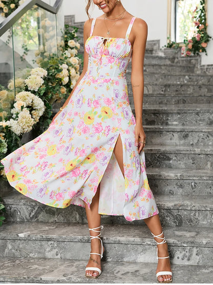 NewAsia Floral Print Summer Midi Dress Boned Tie Up Split Adjustable Strapes Zip Casual Party Dresses Beach Women Vestido 2024