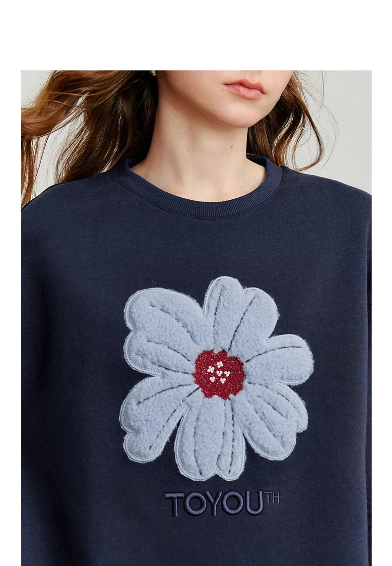 TOYOUTH Women Hoodies Sweatshirt 2025 Autumn New Plush Flower Printed Contrasting Color Splicing Fake Two Piece Cotton Pullover