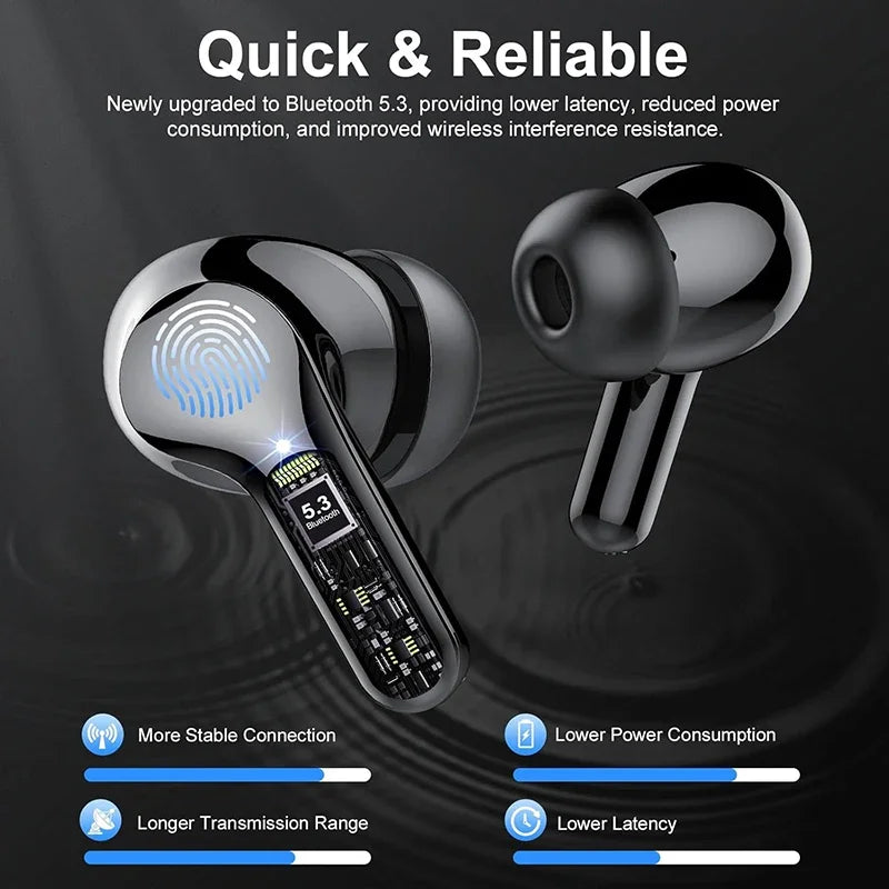 New Wireless Earbuds HiFi Stereo Headphones BT5.3 with ENC Noise Cancelling 48H LED Display Ear Buds IP7 Waterproof Earphones