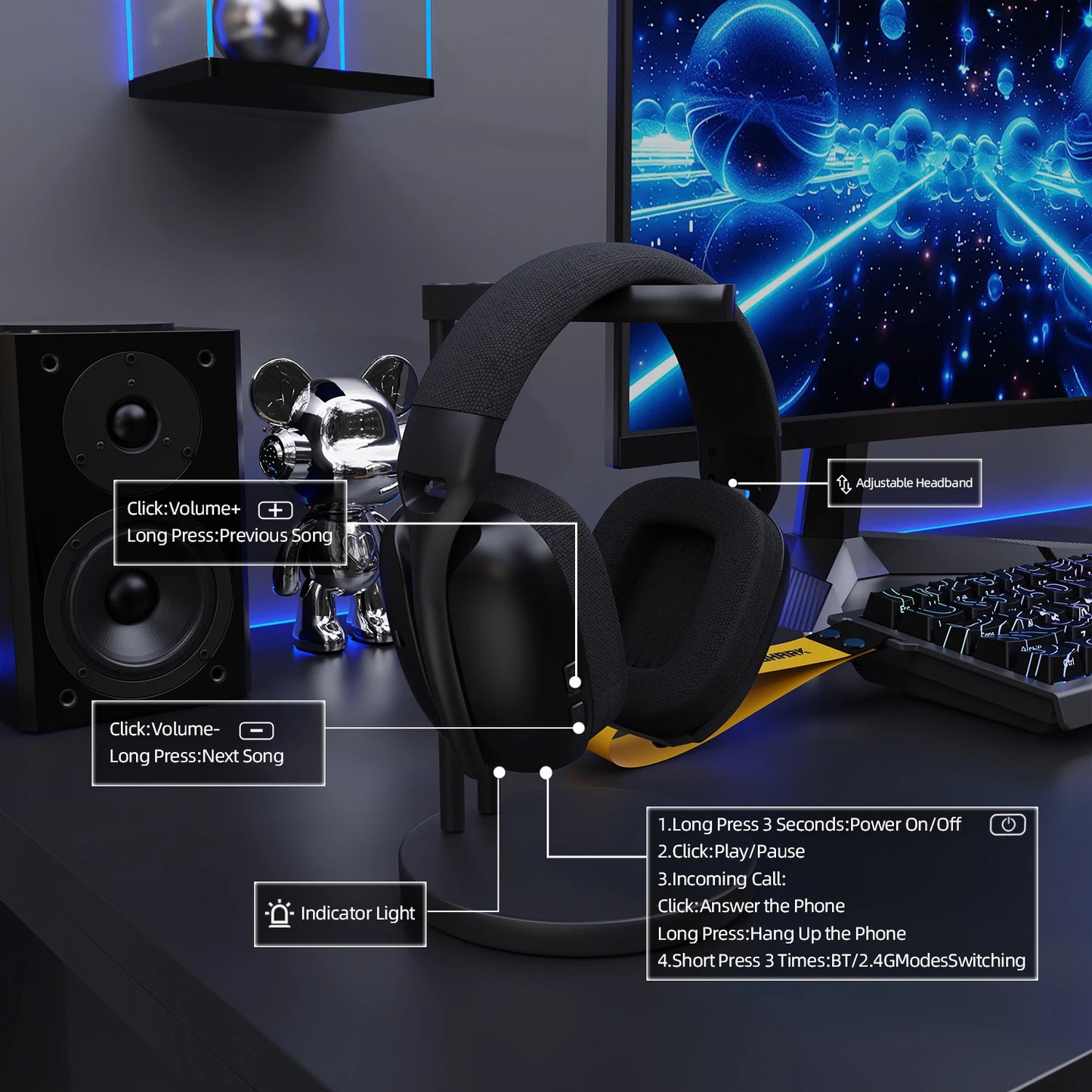Attack Shark L80Pro Gaming Headphones 2.4G Bluetooth Connection Mode,Dual-microphone Design,Ultra-light Body,Soft Ear Cups