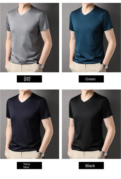 Top Grade 1.7% Mulberry Silk New Summer Brand Tops V Neck t Shirts For Men 2025 Short Sleeve Casual Fashion Mens Clothing