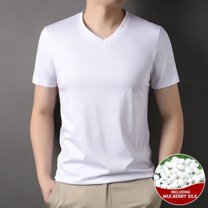 Top Grade 1.7% Mulberry Silk New Summer Brand Tops V Neck t Shirts For Men 2025 Short Sleeve Casual Fashion Mens Clothing