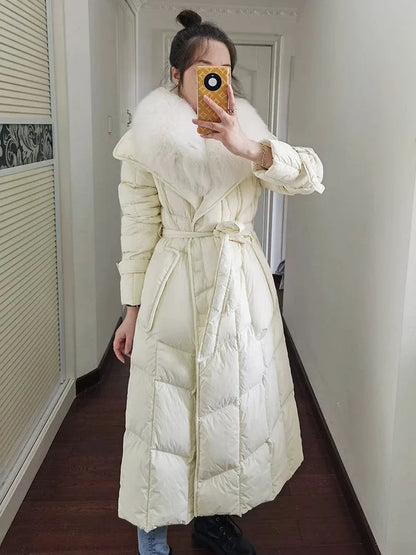 Reality Fur Jacket Women New Winter White Duck Down Coat Warm Long Parkas Real Fox Fur Collar Female Hooded Snow Puffer Coats