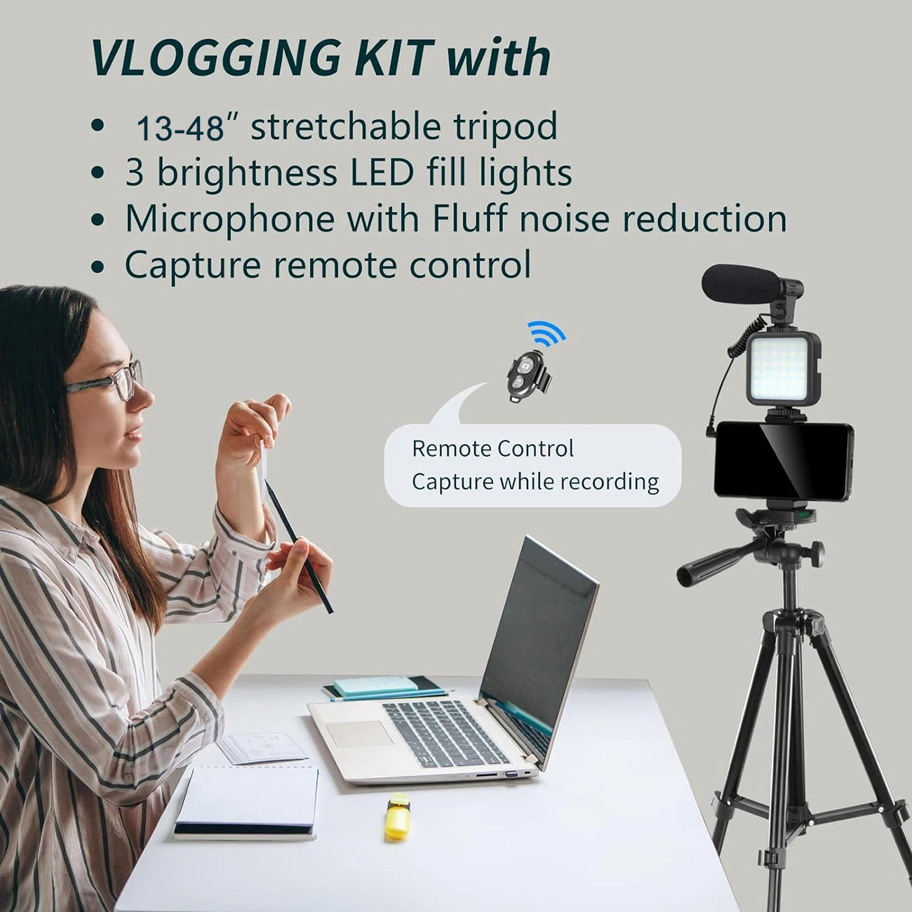 MAMEN Vlogging Kit with Tripod, LED Light & Mic – Portable 48" Setup for Phone Videos & Live Streaming