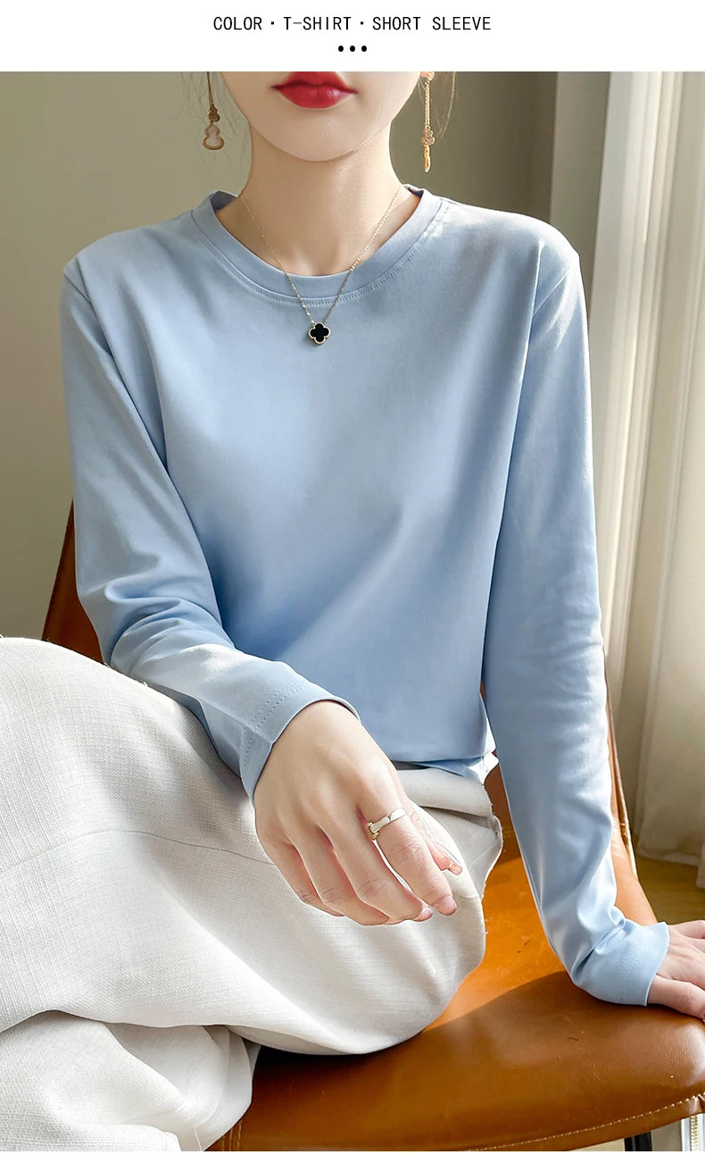 Spring Autumn 100% Cotton Long-Sleeved T-Shirt Women's Round Neck Mercerized Cotton Bottoming Shirt Loose Top