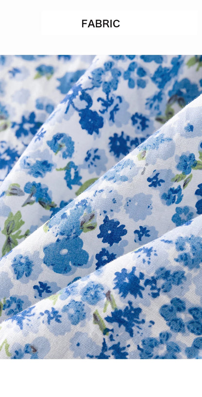 FSLE Blue Romantic Floral Dress Women Elegant Vintage High Waist V-neck Puff Sleeve Summer Printing Female Cotton Long Skirts