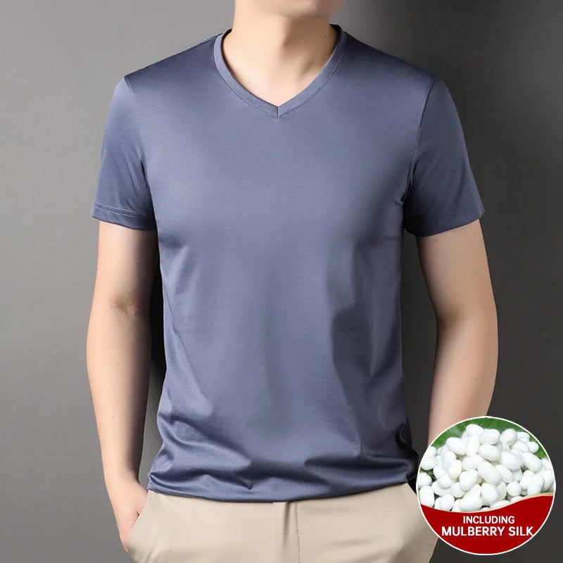 Top Grade 1.7% Mulberry Silk New Summer Brand Tops V Neck t Shirts For Men 2025 Short Sleeve Casual Fashion Mens Clothing