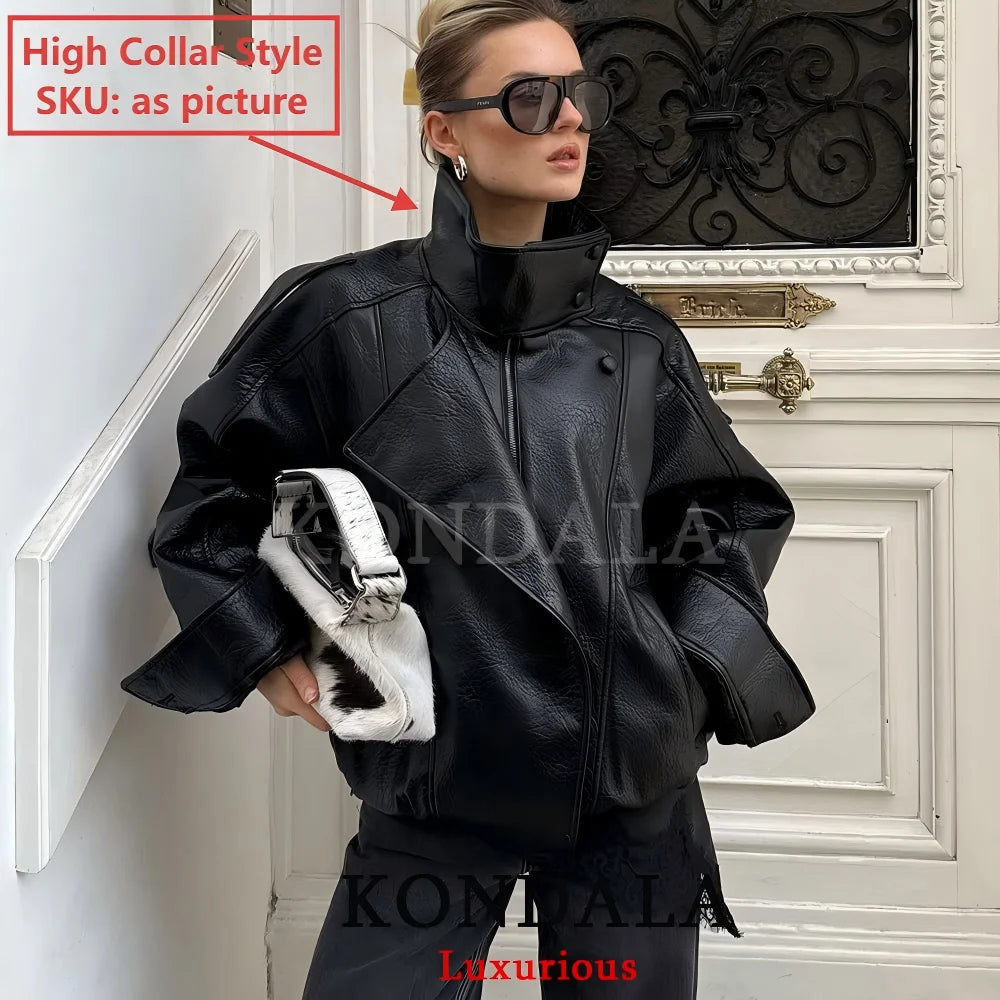 KONDALA Casual Chic Black Leather Jackets Women Long Sleeve Buttons Elastic Oversized Coats Fashion 2025 Fall Streetwear Coats