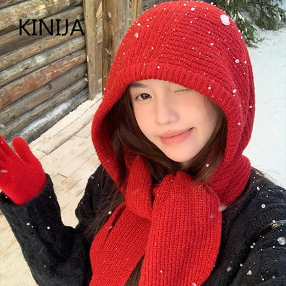 Korean Balaclava Bonnet Women Skullies Beanies Hat Scarf One-piece Thickened Warm Neck Protection Winter Accessories Knitted Law