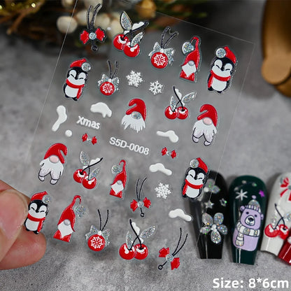 Cute Deer Christmas Nail Stickers 5D Embossed Elk Star Gingerbread Man Snowflake Santa Claus Holly DIY Winter Engraved Manicure*