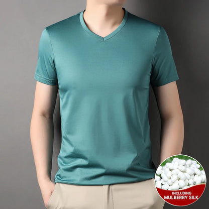 Top Grade 1.7% Mulberry Silk New Summer Brand Tops V Neck t Shirts For Men 2025 Short Sleeve Casual Fashion Mens Clothing