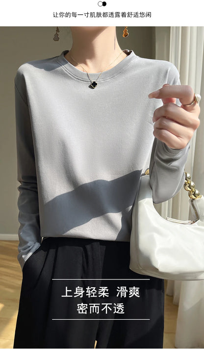 Spring Autumn 100% Cotton Long-Sleeved T-Shirt Women's Round Neck Mercerized Cotton Bottoming Shirt Loose Top