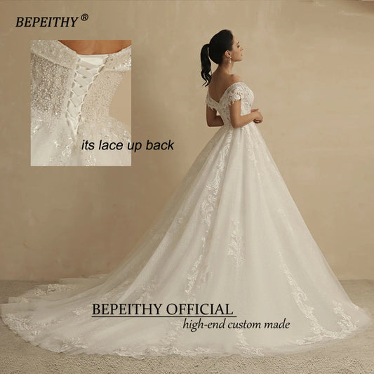 BEPEITHY Customized Glitter Wedding Dresses For Women 2025 Bride Romantic Lace Sleeveless Boho Bridal Gown Robe De Soiree New