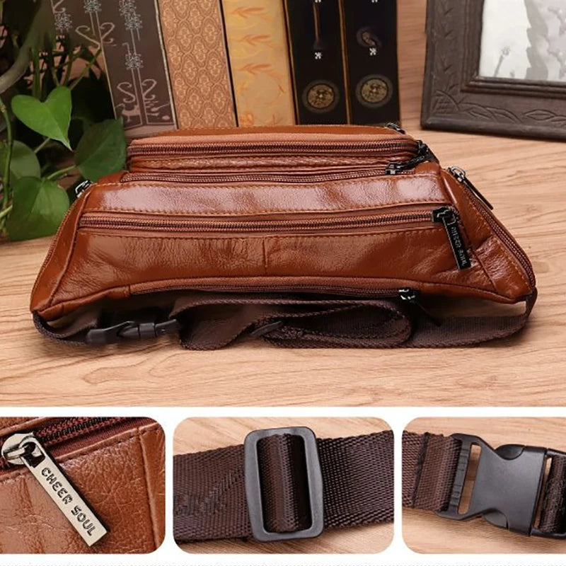 Men Waist Fanny Bags Sling Chest Bag Genuine Leather Casual Fashion Retro Cross body Male Real Cowhide Loop Hip Belt Bum Bag