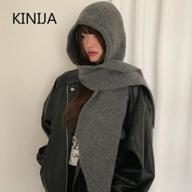 Korean Balaclava Bonnet Women Skullies Beanies Hat Scarf One-piece Thickened Warm Neck Protection Winter Accessories Knitted Law