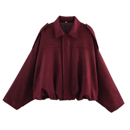 Women’s Suede-Texture Bomber Jacket – Casual Lapel Zip Coat | ETJ