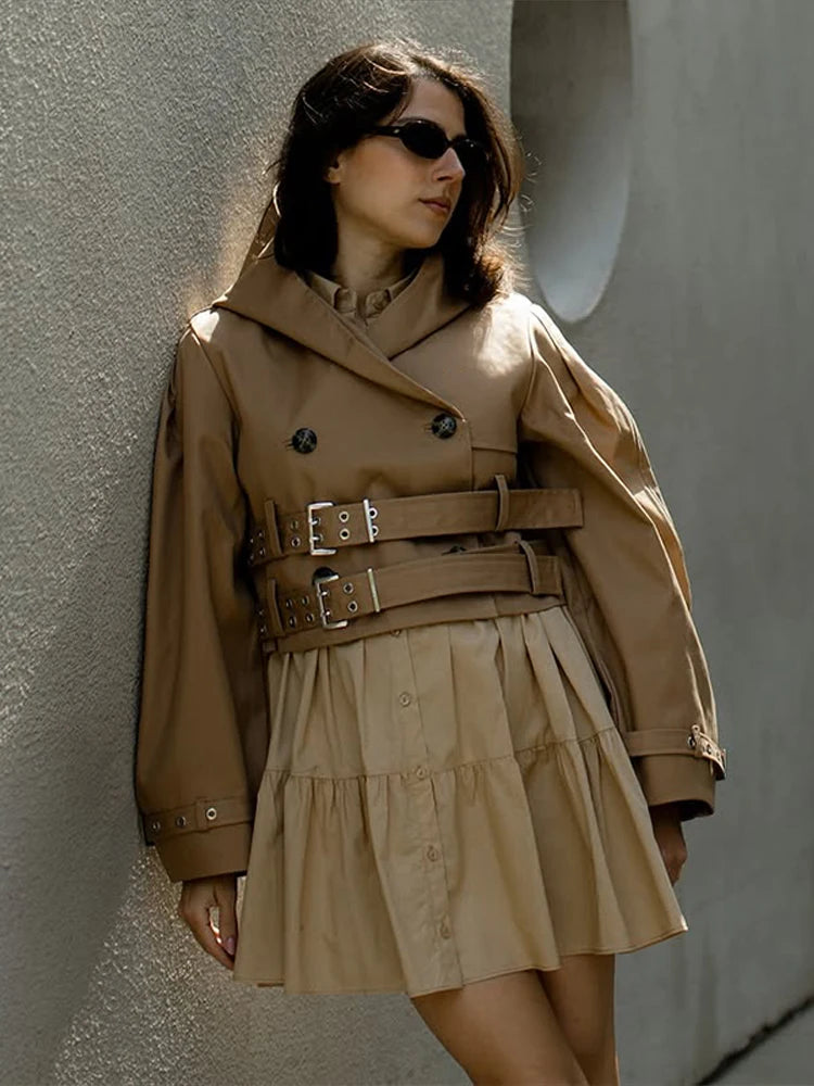 Double-Buckled Belted Hooded Trench Coat Oversized Long Sleeve Maxi 2025 Autumn Edgy Women Outerwear Fashion Trendy Lady Jacket