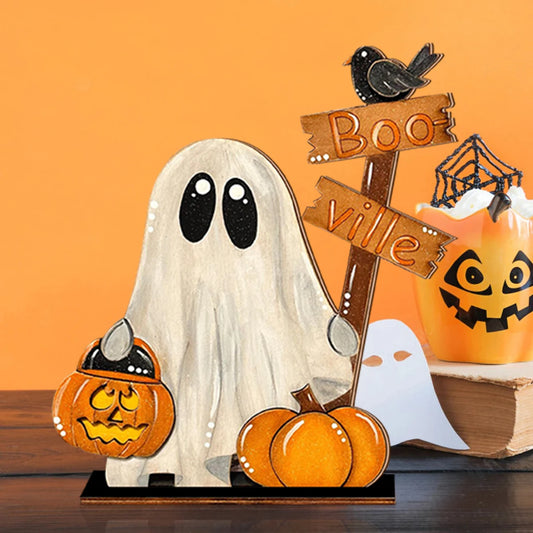 Halloween Wooden Ghost Decor with Pumpkin Bucket and "Boo - ville" Sign - Festive Home Decoration