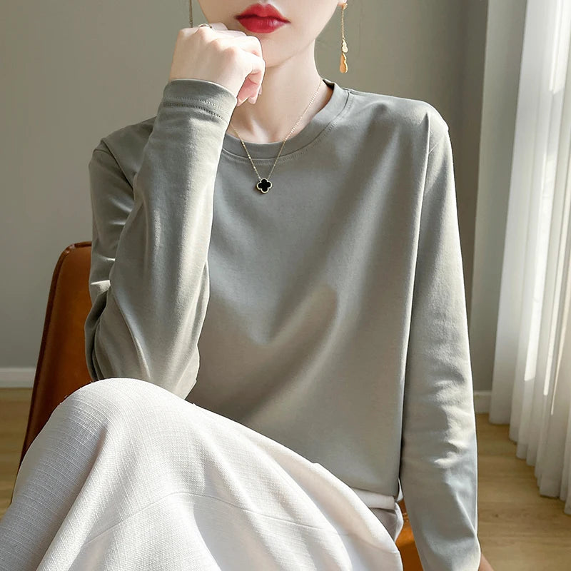 Spring Autumn 100% Cotton Long-Sleeved T-Shirt Women's Round Neck Mercerized Cotton Bottoming Shirt Loose Top
