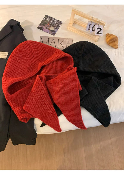 Korean Balaclava Bonnet Women Skullies Beanies Hat Scarf One-piece Thickened Warm Neck Protection Winter Accessories Knitted Law