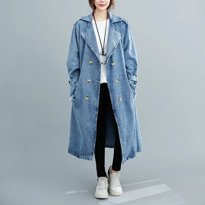 2025 Women's Denim Trench Coat Autumn Double Breasted Belted Casual Jean Overcoat Loose Long Windbreaker Jacket Couple Models