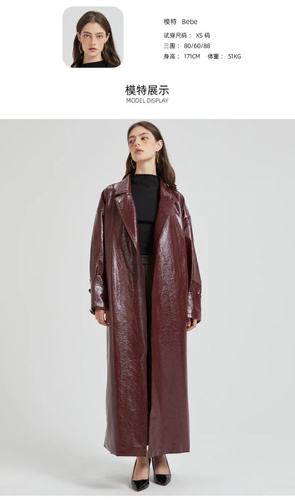 Lautaro Spring Autumn Extra Long Burgundy Pu Leather Trench Coat for Women with Belt Elegant Luxury Designer Maxi Overcoat 2024