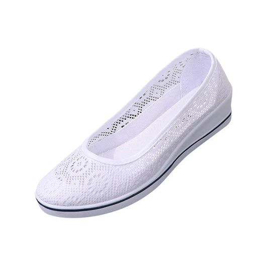 Women’s White Lace Breathable Slip-On Sneakers – Casual Summer Flats with Low Wedge Comfort Sole