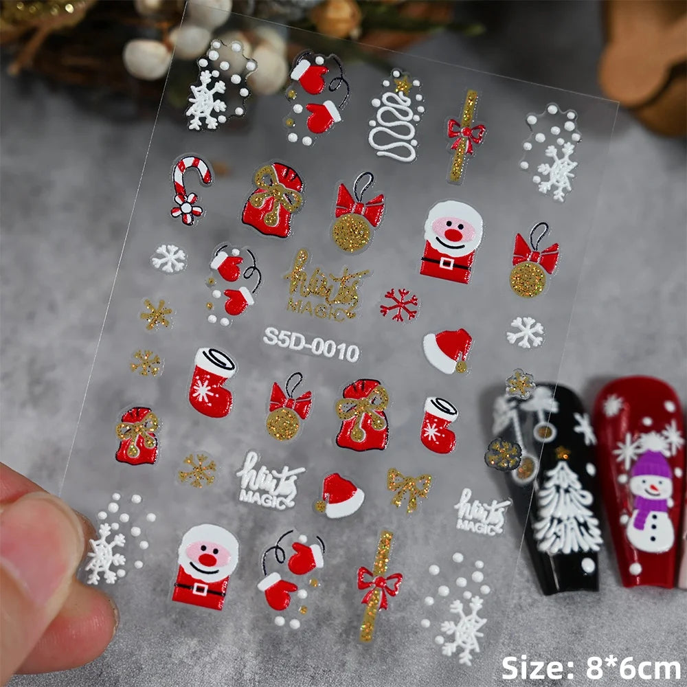 Cute Deer Christmas Nail Stickers 5D Embossed Elk Star Gingerbread Man Snowflake Santa Claus Holly DIY Winter Engraved Manicure*