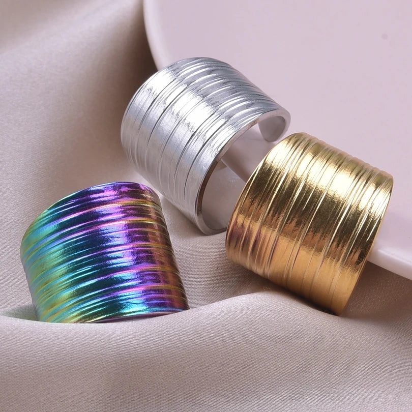 1Pc Stainless Steel Waterproof Women Personality Textured Chunky Open Rings Vintage Hollow Irregular Multi-layer Anillos Jewelry