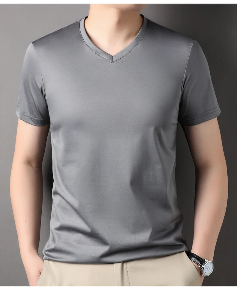 Top Grade 1.7% Mulberry Silk New Summer Brand Tops V Neck t Shirts For Men 2025 Short Sleeve Casual Fashion Mens Clothing