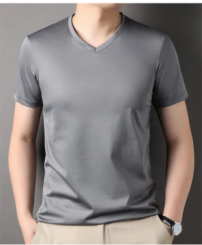 Top Grade 1.7% Mulberry Silk New Summer Brand Tops V Neck t Shirts For Men 2025 Short Sleeve Casual Fashion Mens Clothing