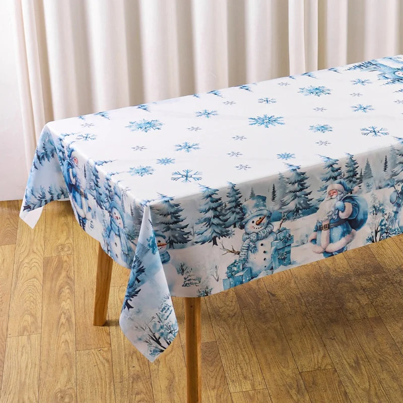 Blue Santa Claus Snowman Christmas Tablecloth Winter Wonderland Table Cover Christmas Decorations for Home 2025 Navidad Gifts