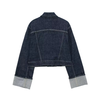 TRAFZA Women Vintage Denim Jacket Single Breasted Lapel Long Sleeve Coat With Pockets Dark Blue Denim Jacket Fashion High Street