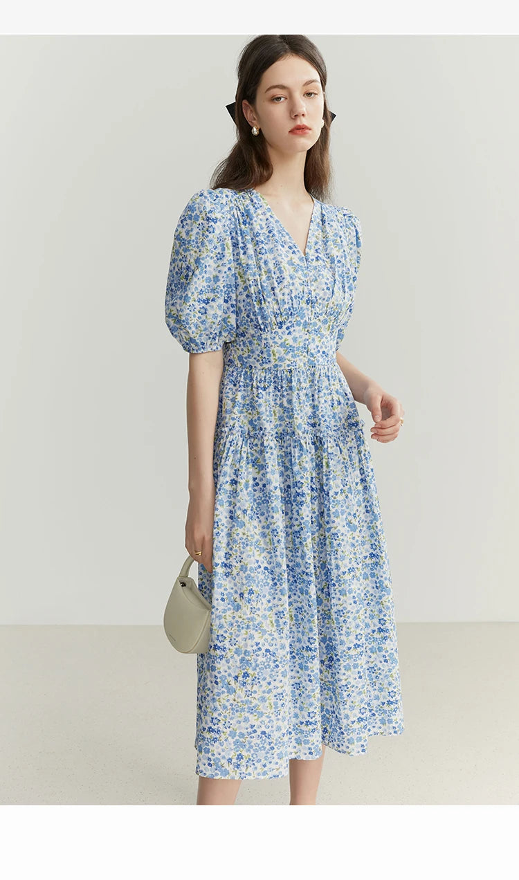 FSLE Blue Romantic Floral Dress Women Elegant Vintage High Waist V-neck Puff Sleeve Summer Printing Female Cotton Long Skirts