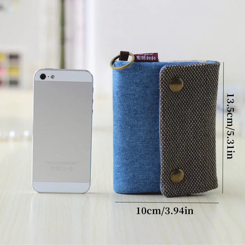 Women's Handmade Fold Fabric Wallet Simple Color Contrast Short Zipper Purses Cartoon Coin Purse Card Holder Key Organizer