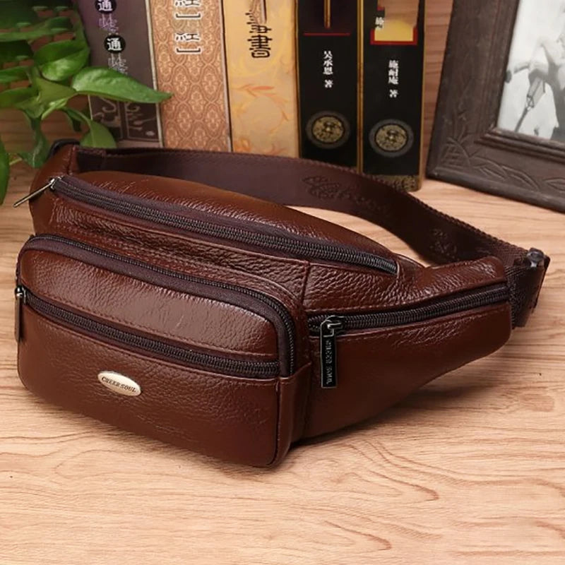 Genuine Leather Men Waist Fanny Pack Bags Sling Chest Pocket Pouch Travel Hiking Male Real Cowhide Loop Hip Belt Bum Bag