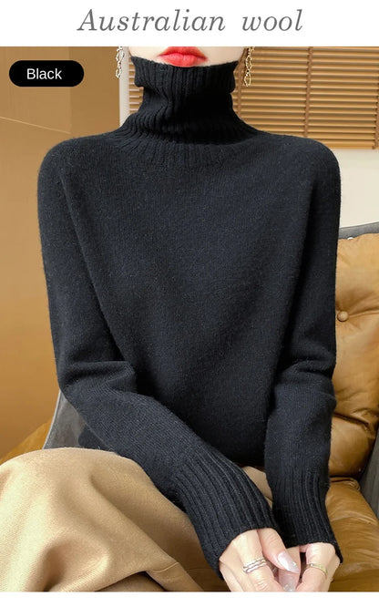 Women's Clothing New Fashion Autumn And Winter Merino Wool Pullover Solid Color Long Sleeve Basic Thermal Top 100% Wool Sweater