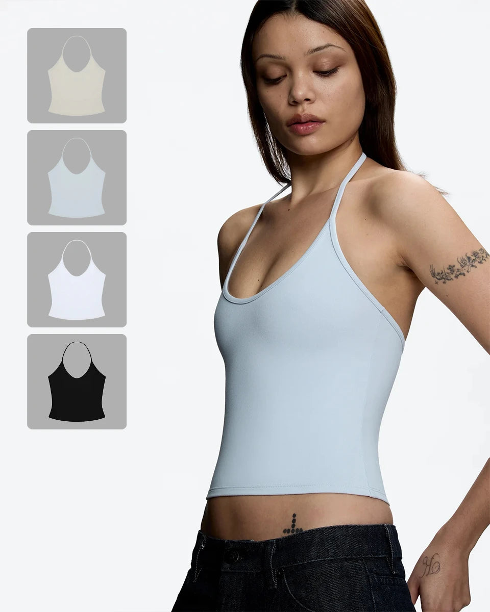 Tank Baby Blue Thin Strap Halter Small U-Neck Vest White Sexy Women's Summer Short Top