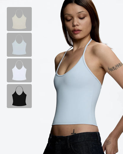 Tank Baby Blue Thin Strap Halter Small U-Neck Vest White Sexy Women's Summer Short Top