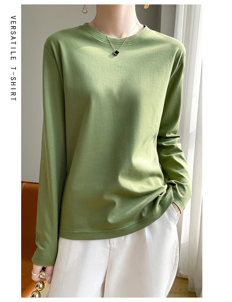 Spring Autumn 100% Cotton Long-Sleeved T-Shirt Women's Round Neck Mercerized Cotton Bottoming Shirt Loose Top