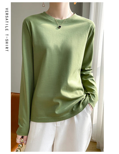 Spring Autumn 100% Cotton Long-Sleeved T-Shirt Women's Round Neck Mercerized Cotton Bottoming Shirt Loose Top